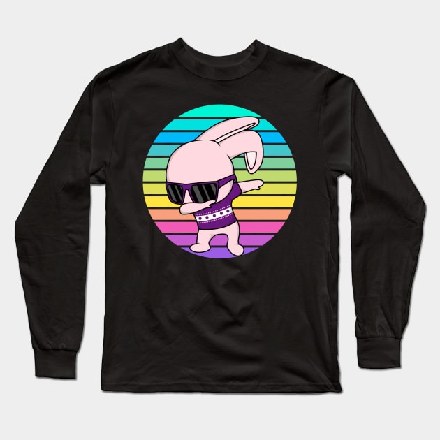 Funny Bunny Rabbit Dabbing with Rainbow Sunset Long Sleeve T-Shirt by Calmavibes